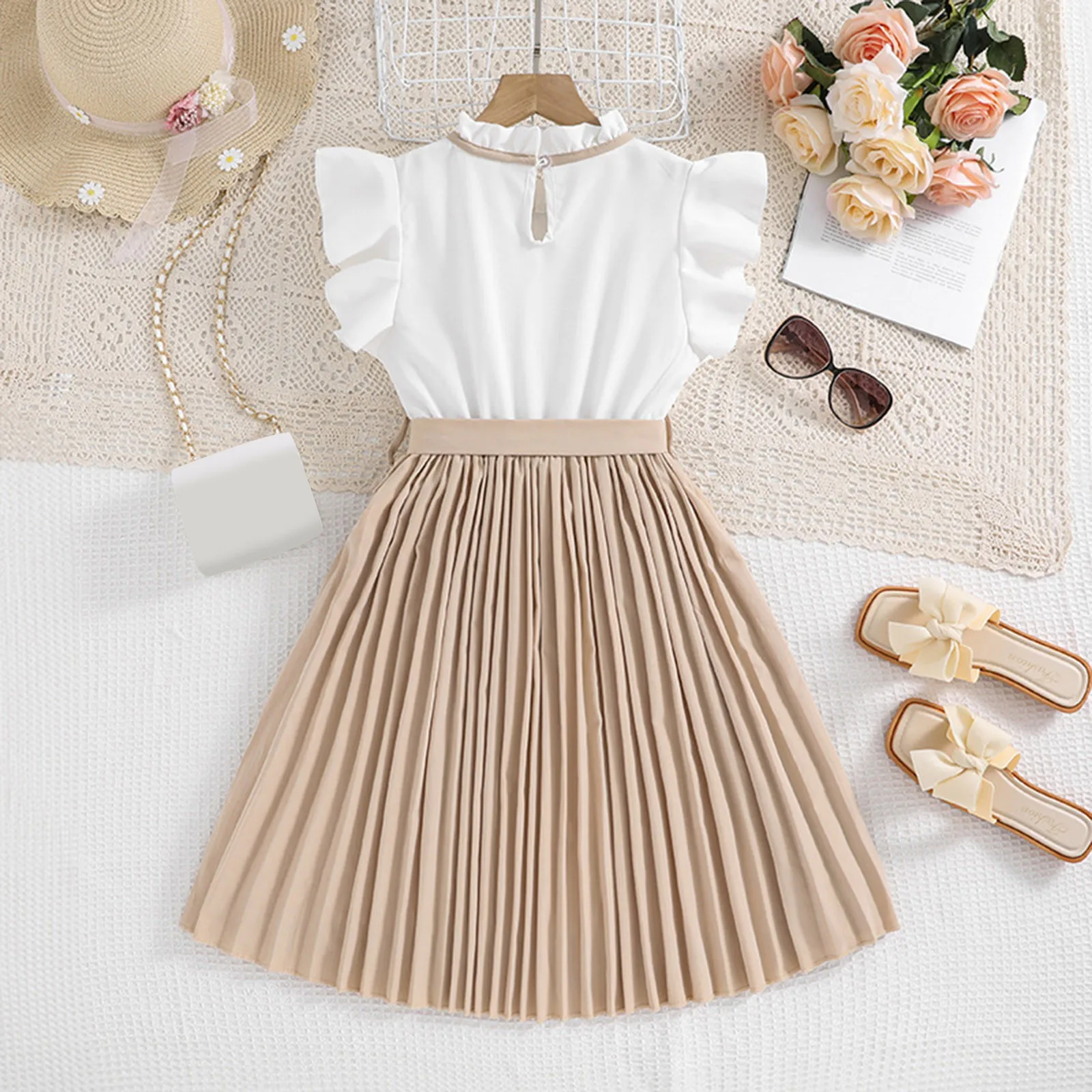 Summer Casual Dress for Kids Girls 7 to 12 Years Children Clothes Pleated Dress Sleeveless High Waist Princess Dress with Belt