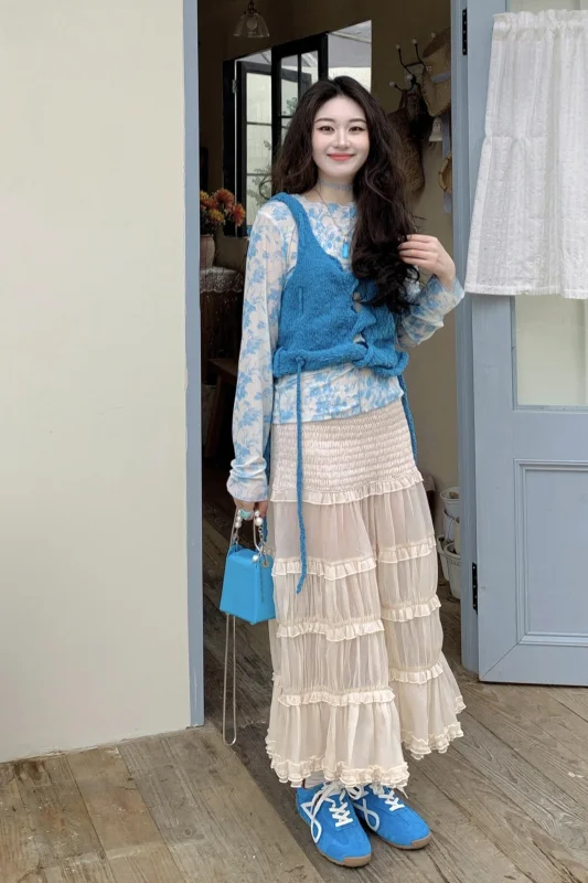 

French Chic Blue Strap Top Layered Top Ruffled Skirt 3 Piece Set Spring​