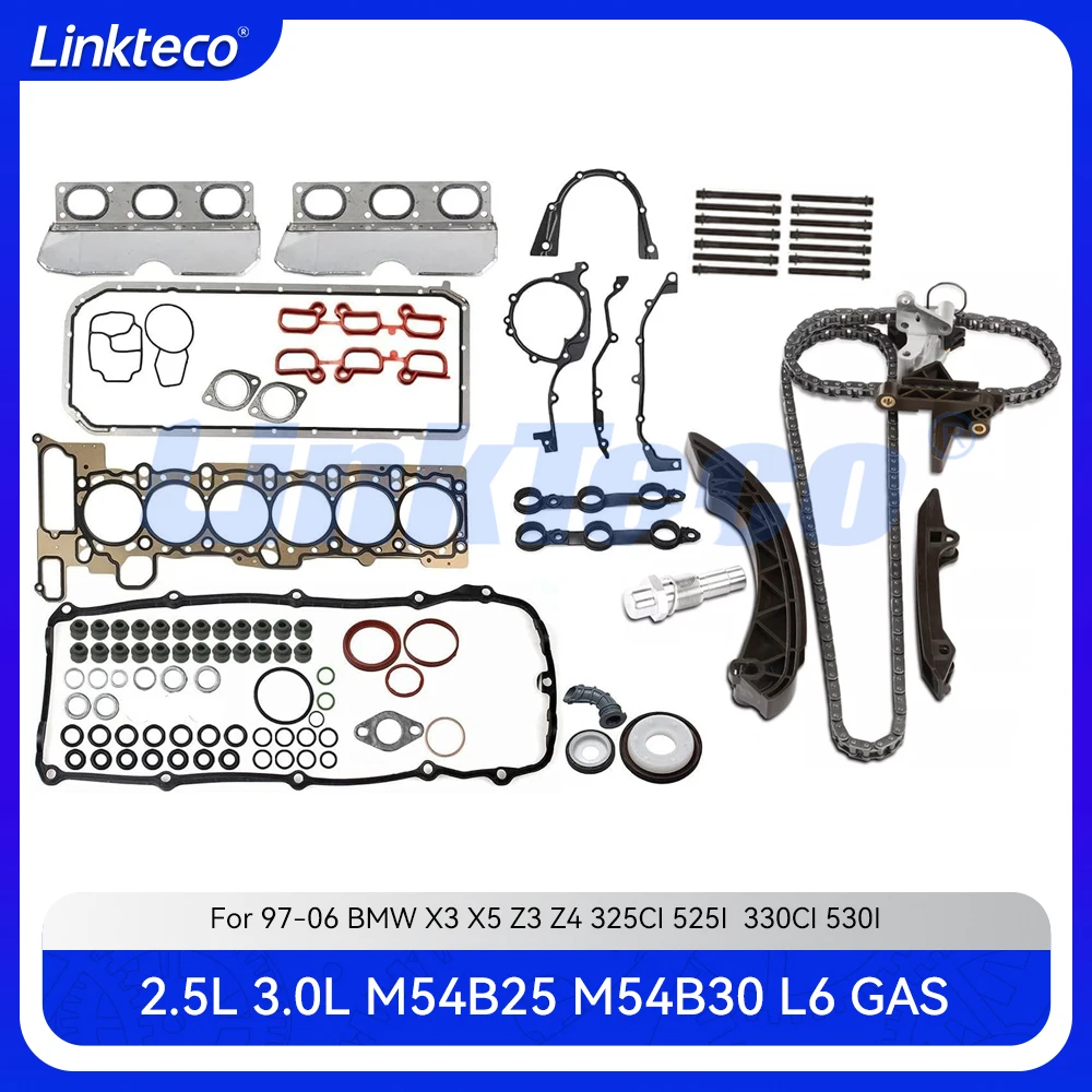 Full gasket set & Timing Chain Kit Fit 2.5 3.0 L M54 B25 B30 For 97-06 2.5L 3.0L BMW X3 X5 Z3 Z4 325CI 525I 330CI 530I HS26245PT