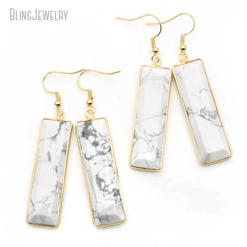 5 Pairs White Marble Turquoise Stone Bar Long Gemstone Gold Color Bezel Drop Dangle Earrings Women Boho Jewelry Bijoux