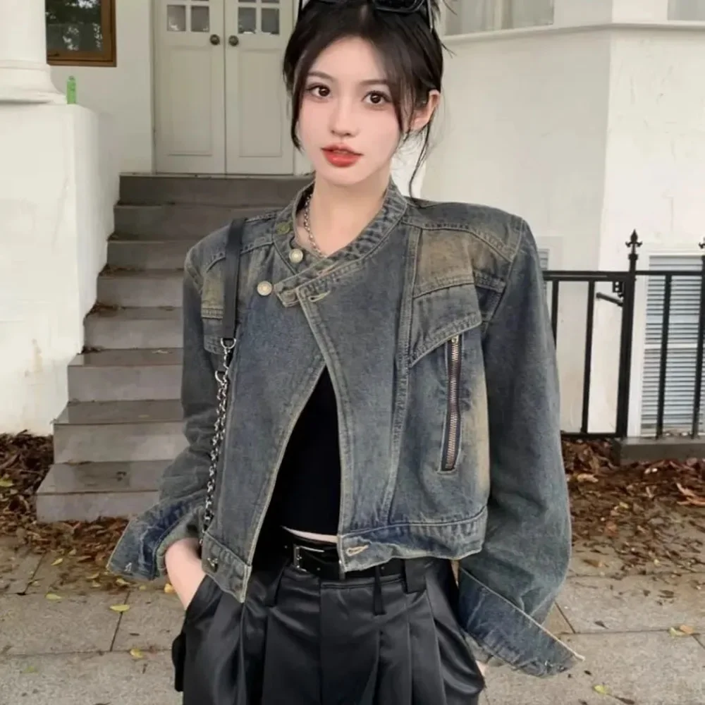 2024 Spring Autumn Denim Women Vintage Cropped Chic Cargo Zipper Y2k Stand Up Casual Long Sleeve Jeans Coat Outerwear
