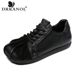 DRKANOL Literary Style Women Flat Shoes Genuine Leather Shoes Spring Autumn Square Toe Handmade Retro Comfort Casual Loafers