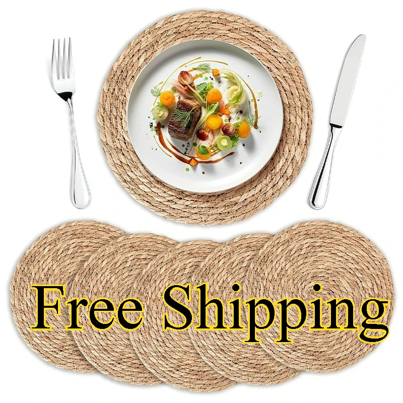 Round Woven Placemats 6pcs Handmade Natural Wicker Placemats for Holiday Wedding Home Non-Slip Heat Resistant Plate Mats
