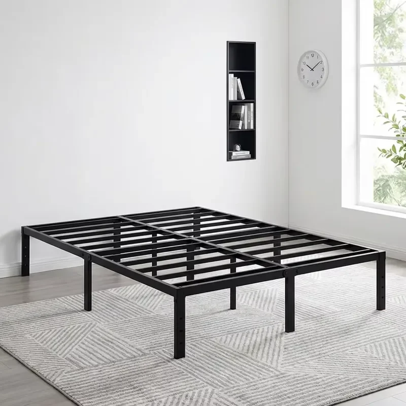 Modern Simple Matte Black Rubber Mat Reinforced Middle Beam Metal Slat Steel Full Size Platform Bed Frame