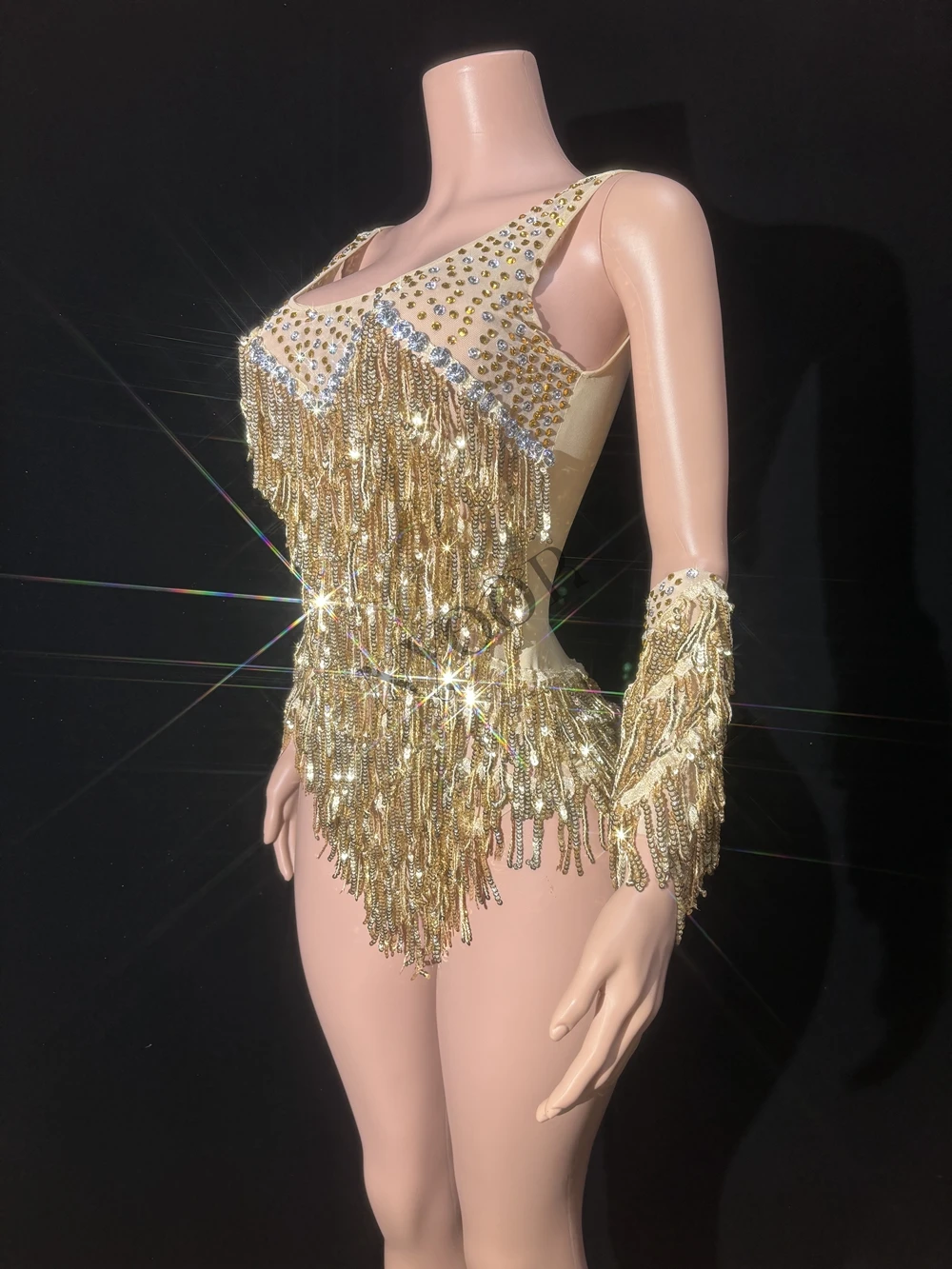 Sparkly Rhinestones Sequins Tassels Bodysuit Women Sexy Performance Dance Costume Nightclub Outfit Singer Dancer Show Stage Wear