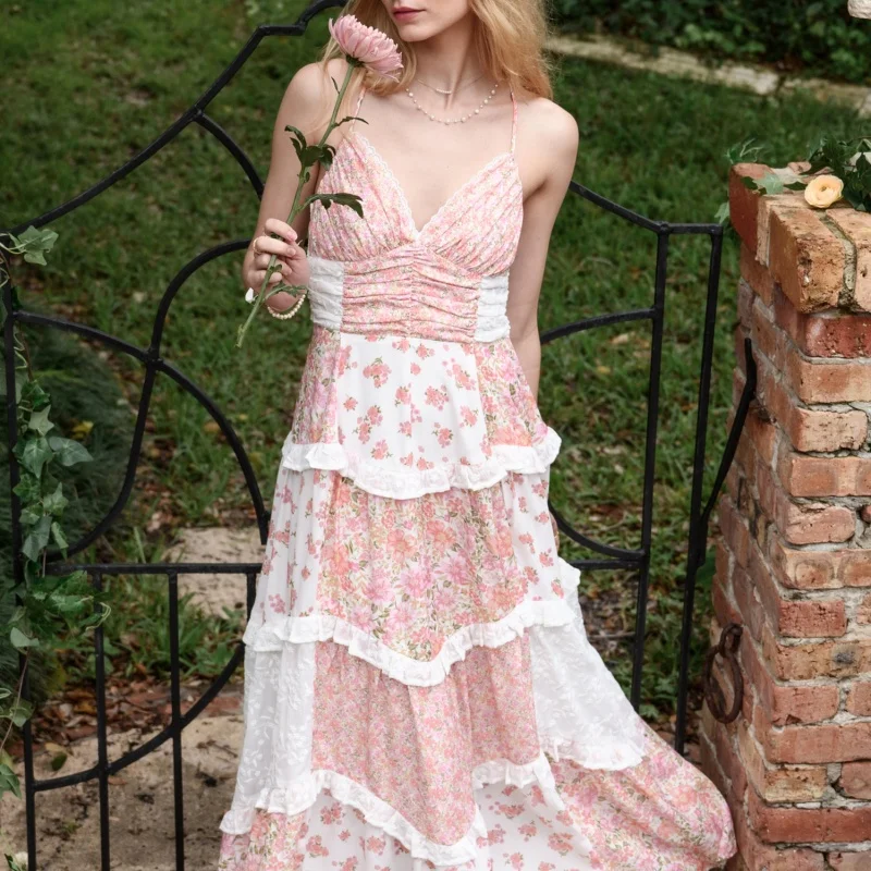 Vestido maxi boho floral Y2K – vestido feminino de alça espaguete com decote em V e babados em camadas para praia e férias de verão