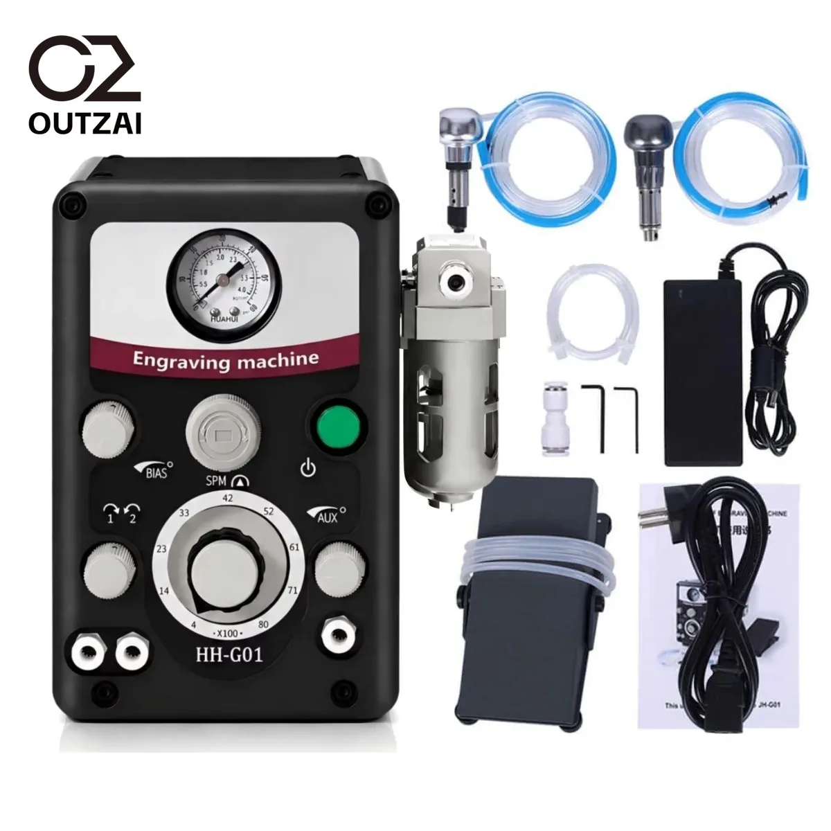 110V HH-G01 Pneumatic Engraving Machine GraverMax G8 Double-Head Quick Setup Air Graver Handpiece for Jewelry Making & Stone Setting Engraving Tools 400-8000RPM Adjustable Speed 0-60PSI Pneumatic Jewelry Engraver Machine