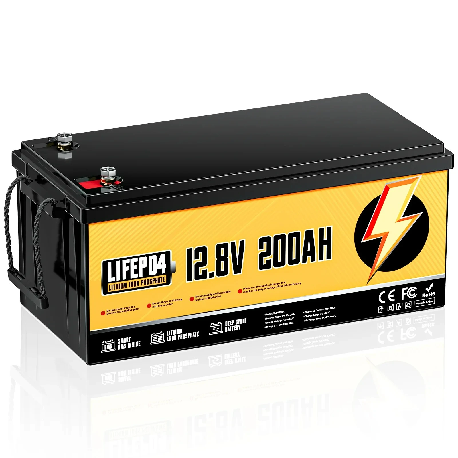 LiFePO4 리튬 배터리 12V 100Ah 200Ah 1280WH 2560WH 내장형 200A BMS 25000사이클 RV 보트용 휴대용 충전식