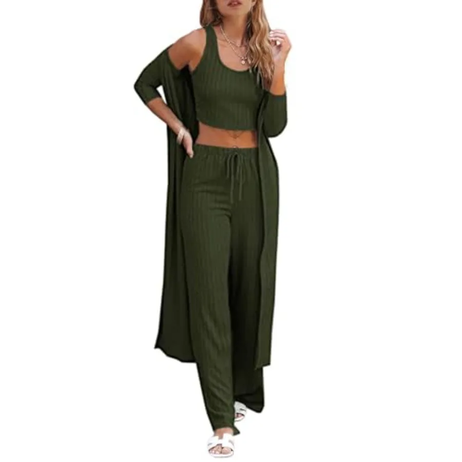 Fessceruna Womens 3 Pcs Lounge Sets Pajamas Knit Long Sleeve Cardigan Crop Top Wide Leg Pants Loungewear Set