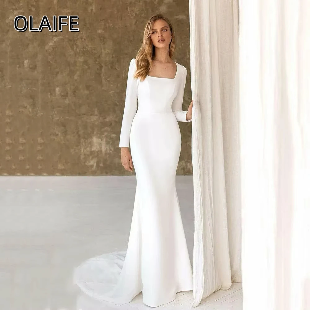 Olaife Mermaid Wedding Dresses Long Sleeve Square Neck Bridal Dress Satin Sweep Dubai Brides Gowns Elegant فساتين حفلة موسيقية