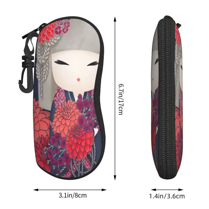 Estuche de gafas japonés rojo Sakura Kokeshi Doll, estuche de gafas portátil con cremallera, carcasa suave, adecuado para almacenamiento de