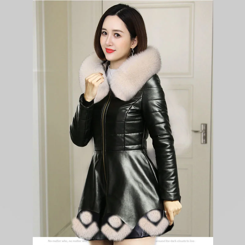 Haining Fur Women Winter PU Leather Cotton Jacket New Mid length Imitation Fox Hair Hooded Coat Female Slim cardigan Windbreaker