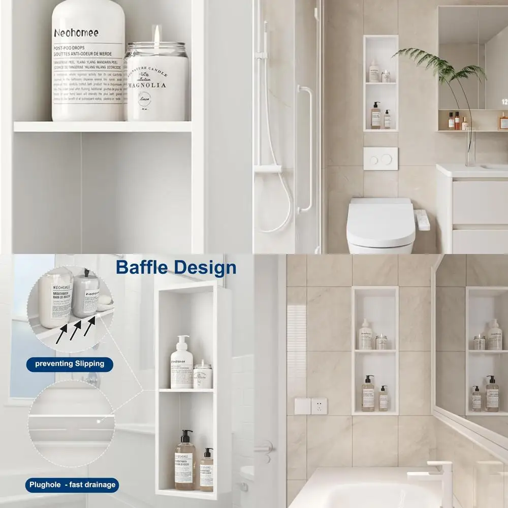 

Double-Tier Stainless Steel Shower Niche, Waterproof Recessed Wall Shelf, No Tile Required, 8x24 Inch, White