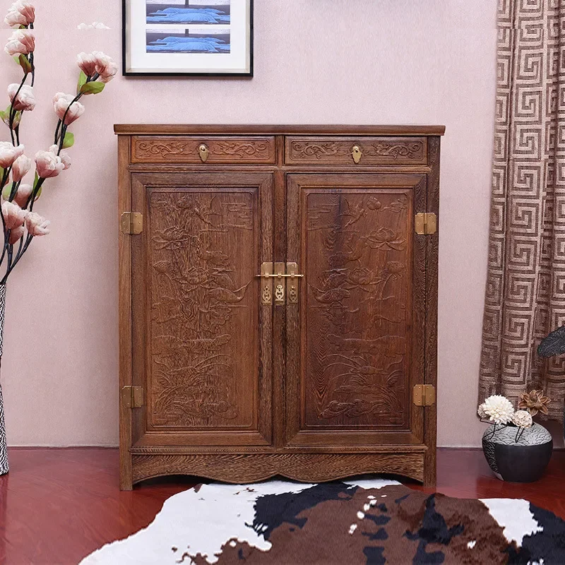 For Chinese Antique Style Solid Wood Shoe Cabinet Mahogany Chicken Wing Wood Entryway Storage Locker Classical Furniture