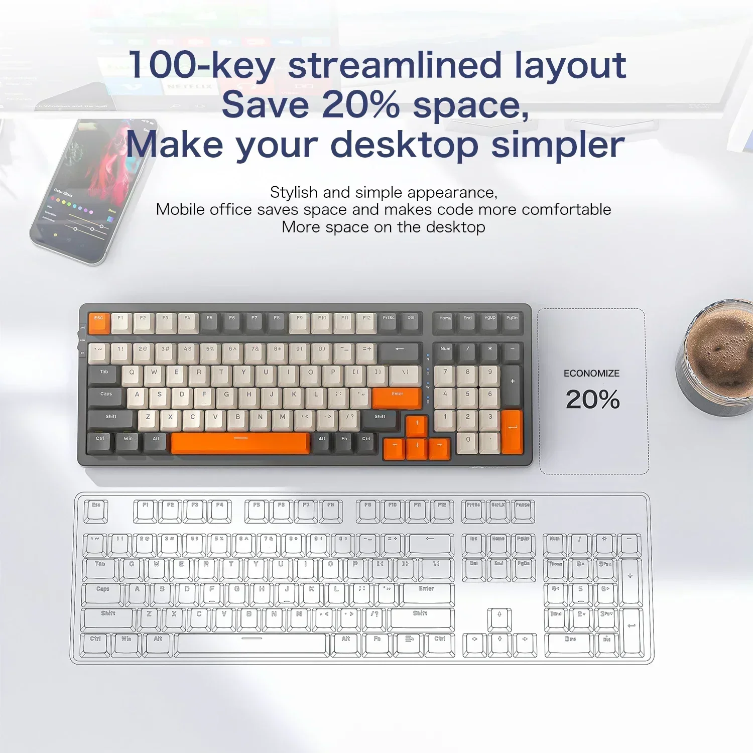 K8 wireless mechanical game Bluetooth keyboard with 100 keys,  lighting effect, lfull key hot swappable,aptop desktop computer
