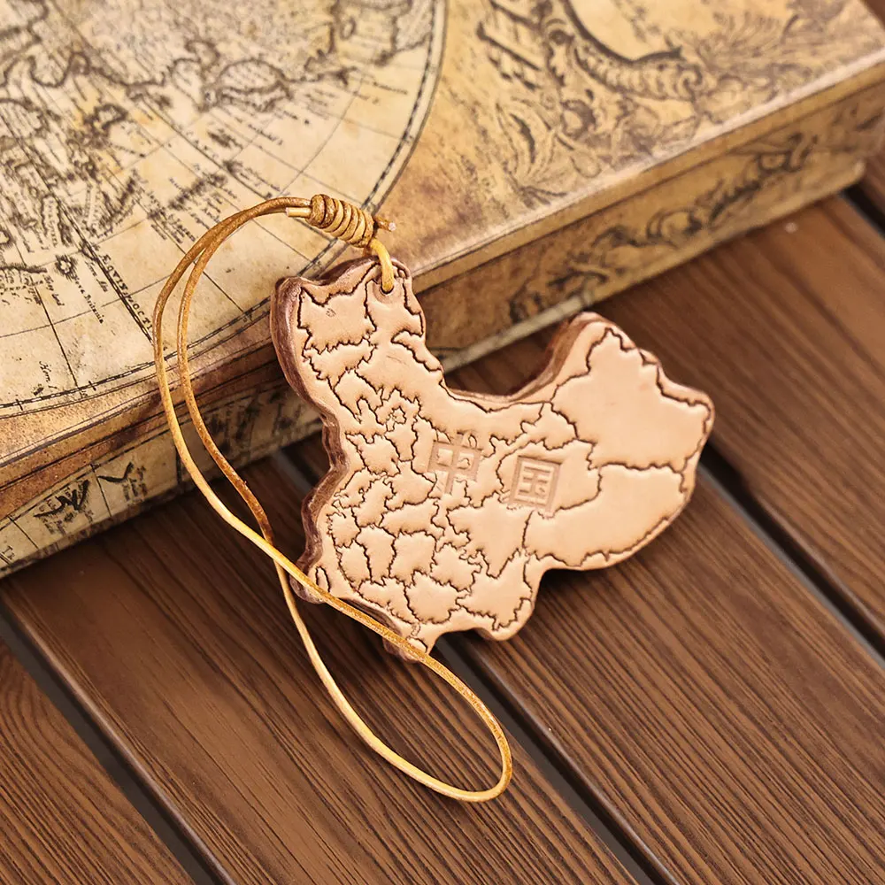 

New China Map Genuine Leather Small Pendant Personalized Creative Handmade Keychain Small Pendant Bag Pendant