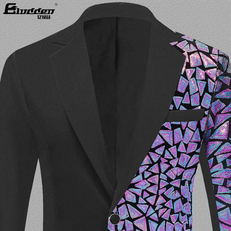 Luxury Purple Laser Sequin Patchwork Blazer Jacket Men One Button Peack Collar Tuxedo Suit Blazer Mens Stage Prom Singer Costume