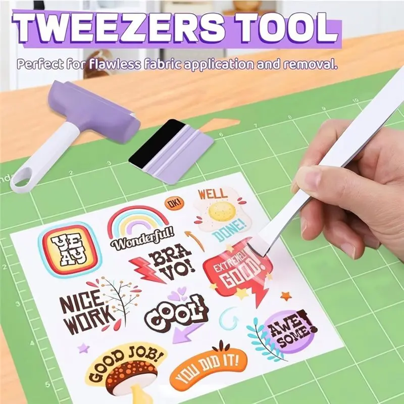 B97A-Flat Tweezers, Felt Squeegee& Pin Pen- Vinyl Tool Kit(4 PCS) For HTV, Inkjet Stickers, Clear Printing& Scrapbooking Relief