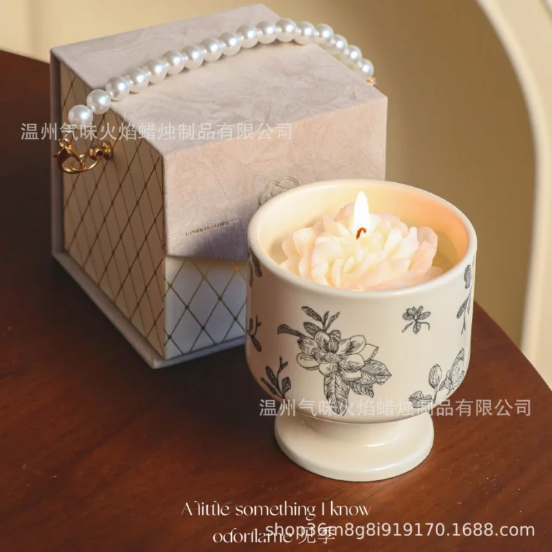 Medieval Fragrant Breeze Camellia Flower Fragrance Candle, Ceramic Cup, High Grade, Home Decoration, Bedroom Decoration