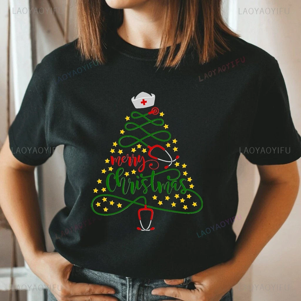 メリークリスマスプリントTシャツ、医療スタッフがクリスマスを祝うための日常のカジュアルウェア、ファッションコットンTシャツ、0ネック