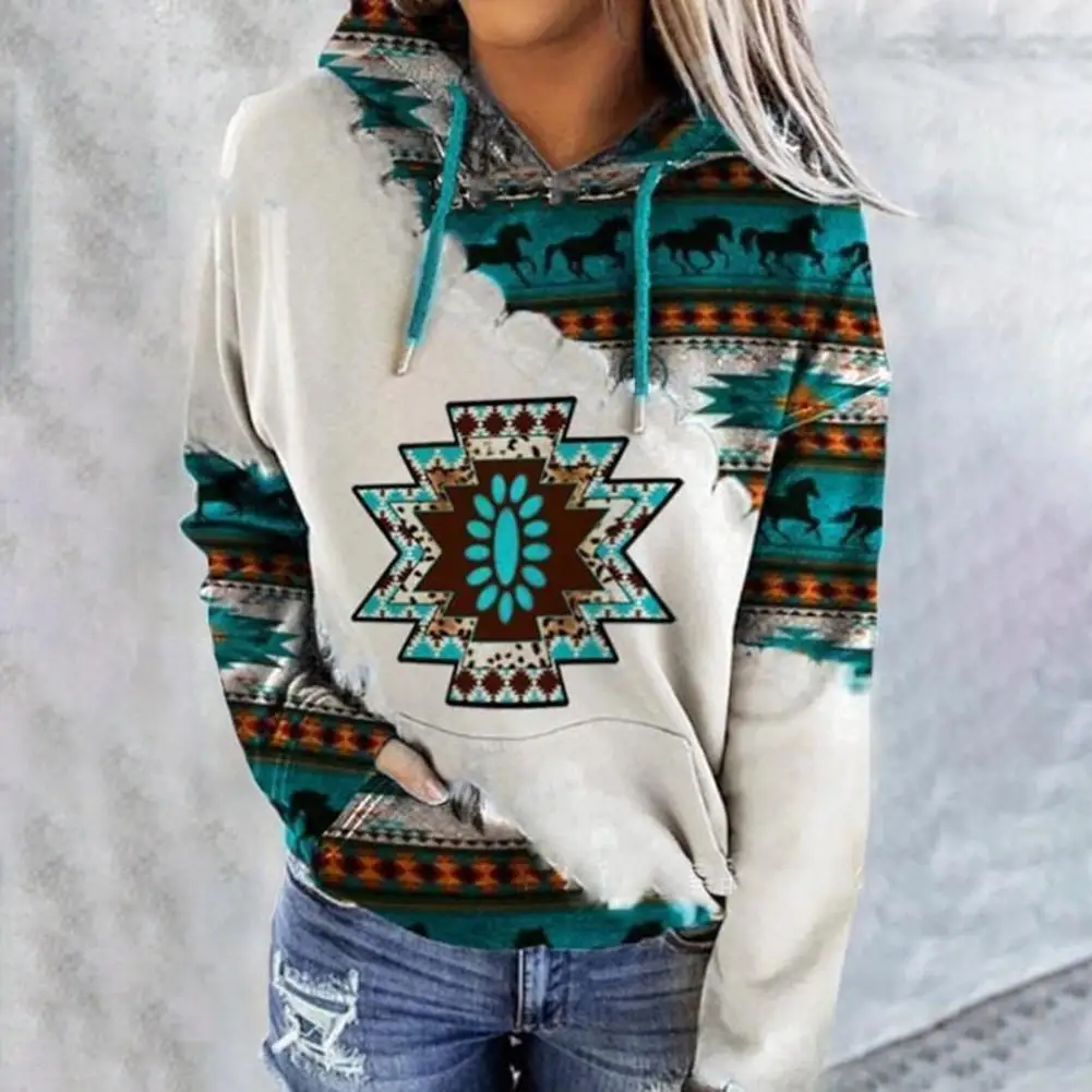 Women's Sweatshirts Hooded  Loose Breathable All Match Ethnic Style Print Women Sweatshirt for Daily Wear