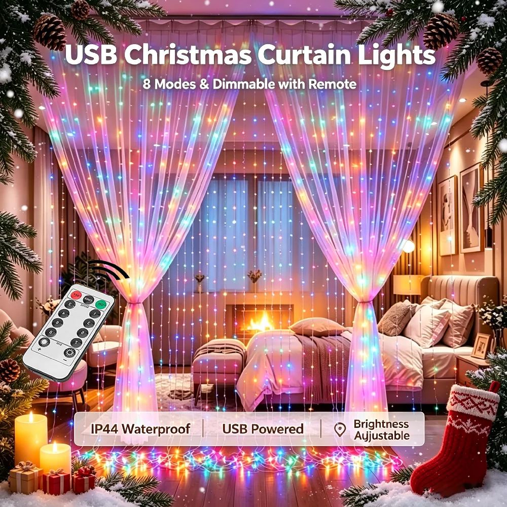 1PC Fairy Curtain Lights 300/200/100 LED Multicolor Curtain Lights USB Power Christmas String Lights for Bedroom Living Room