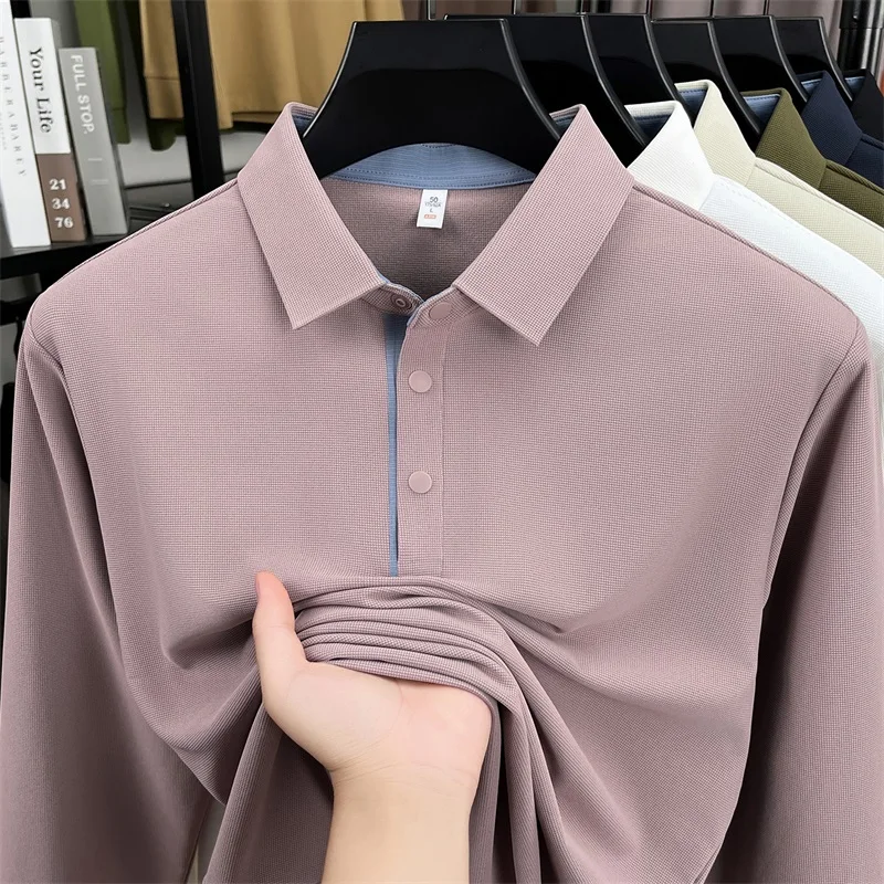 

High end silk wrinkle resistant long sleeve polo shirt men fashion solid color business casual autumn simple loose lapel T-shirt