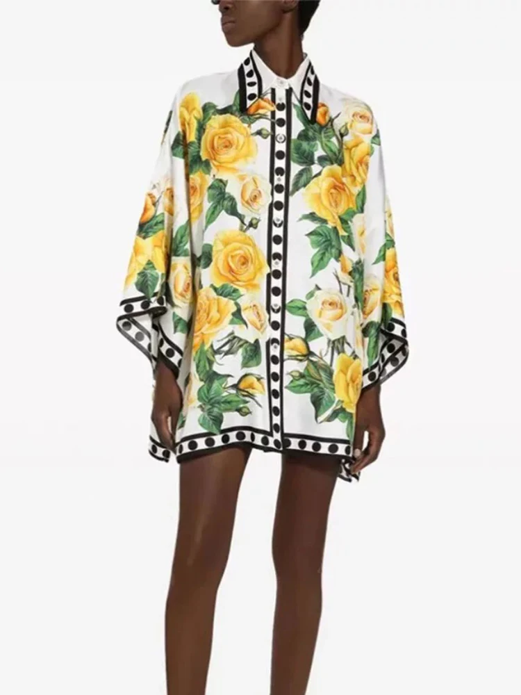 Spring/Summer 2024 New Yellow Rose Printed Single-breasted Shirt Bat Sleeve Holiday Style Lapel Loose Fashion Joker blouse