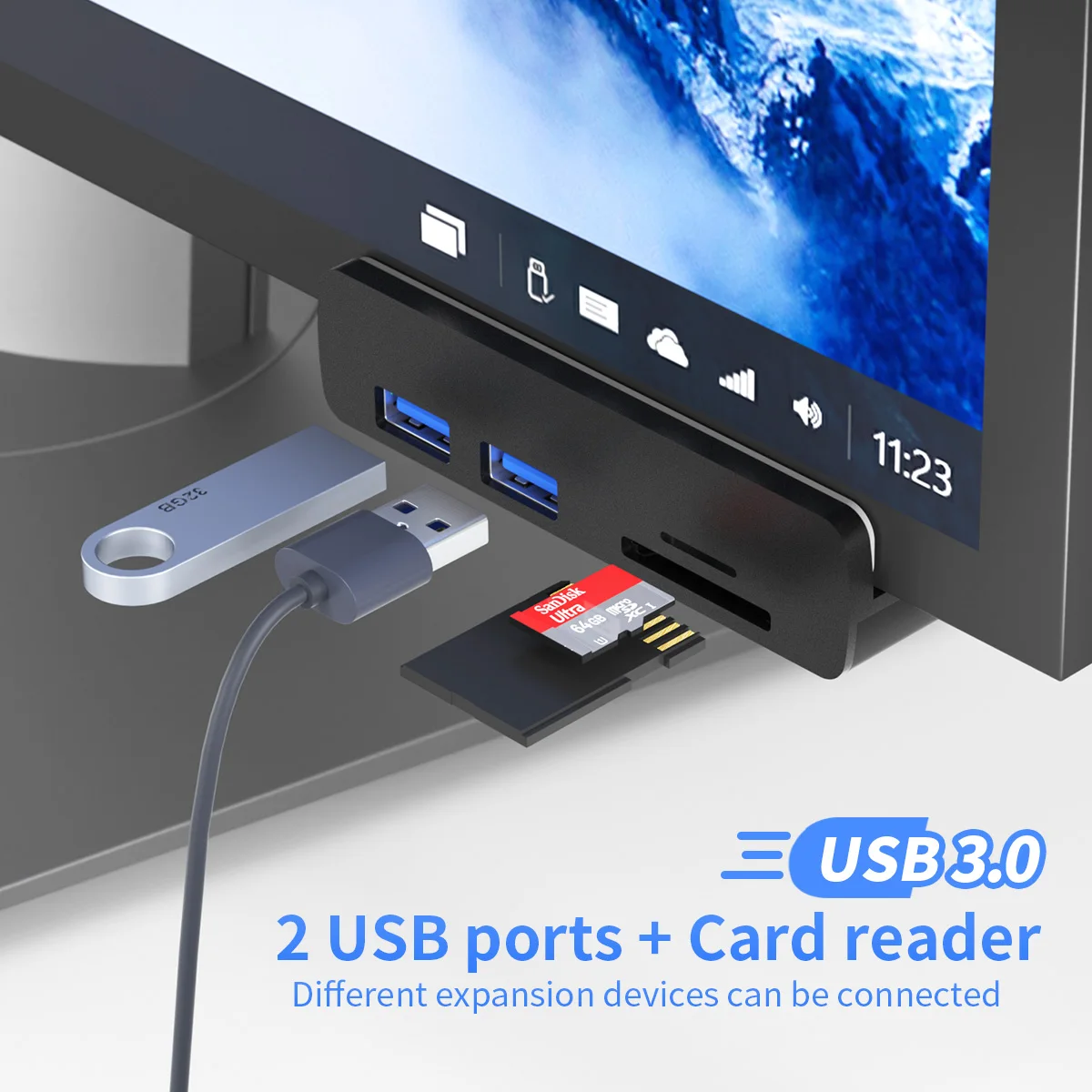 USB 3.0 Hub Clamp Aluminum 4 Ports USB Splitter with Extra Power Supply Port and USB Data Cable Powered USB Hub for Monitor/Desk