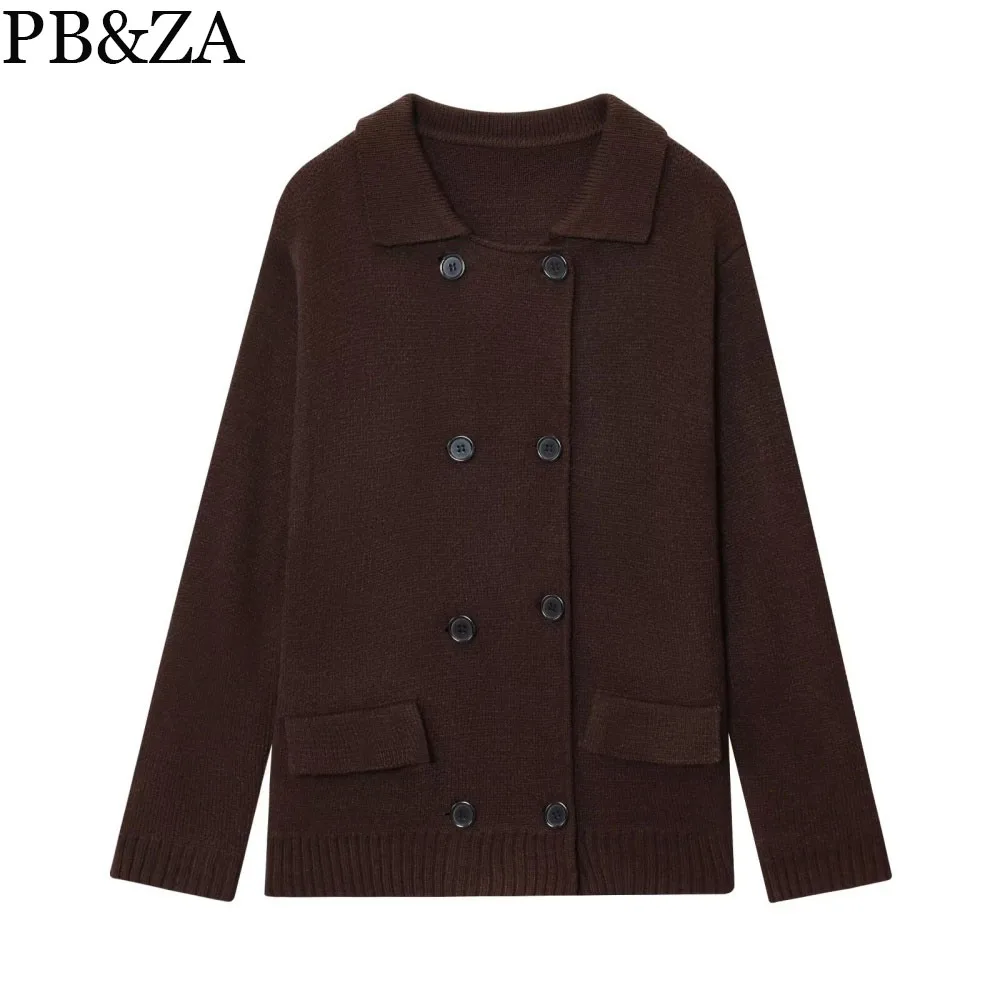 

2025 new women's casual early autumn casual collar long sleeved knitted double breasted jacket