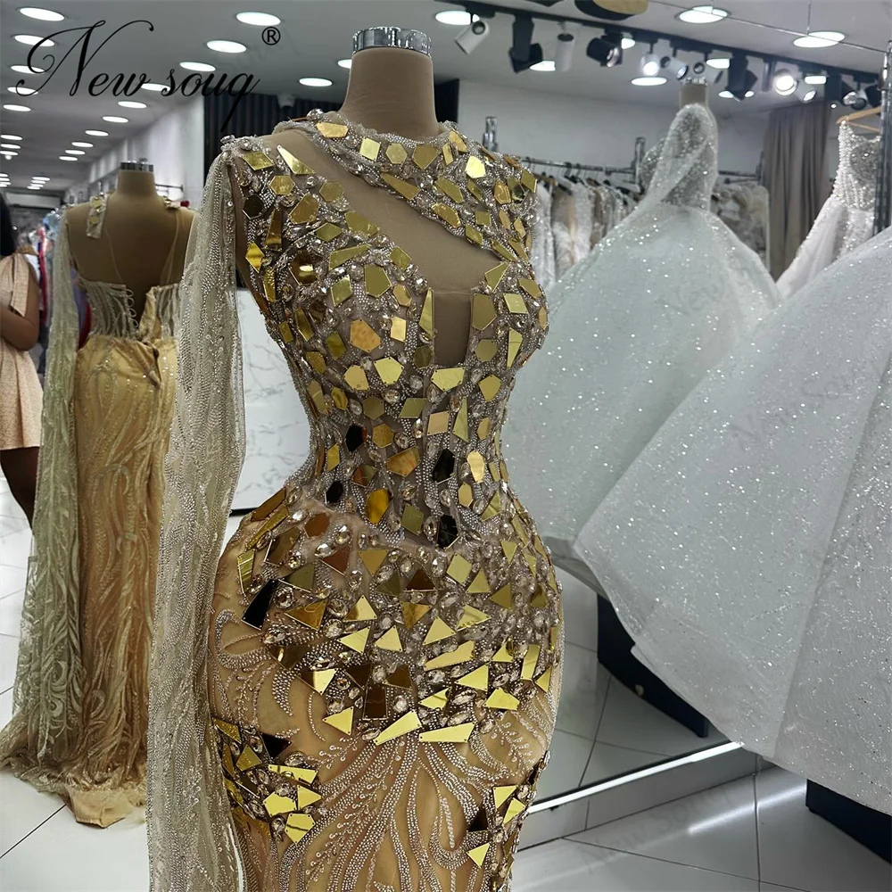 African Gold Sequins Evening Dresses Elegant Arabic Dubai Beading Prom Dress Cape Sleeves Crystals Wedding Party Gowns For Women