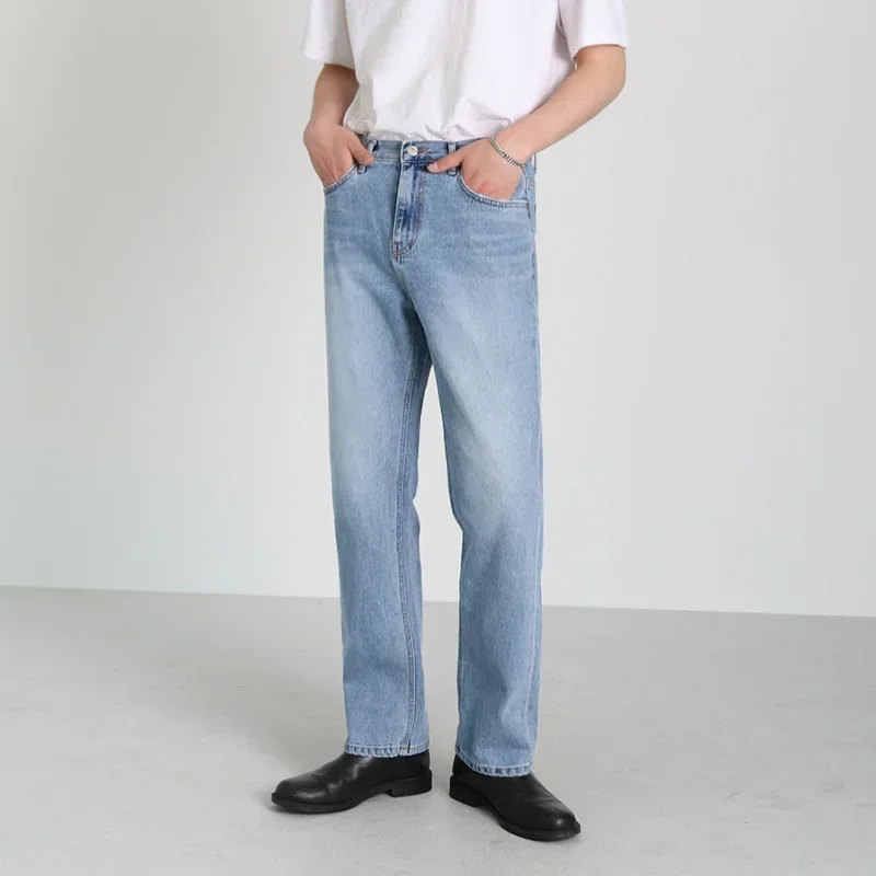

Korean New Fashion Men's Washed Light Blue Loose Straight Casual Trendy Simple Jeans Pants Basic Simple Denim Trousers Clothes