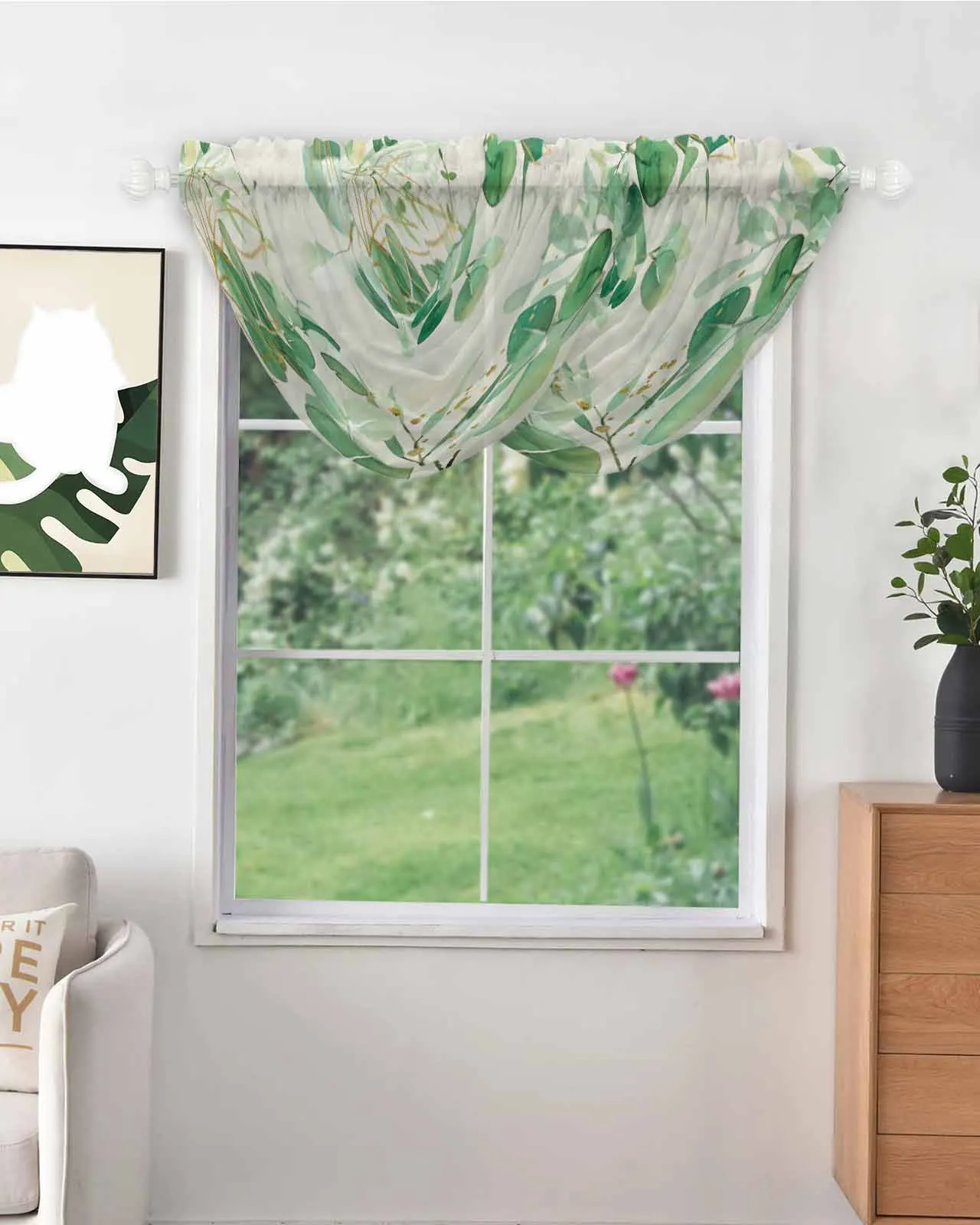 Hand Painted Watercolor Leaves Plants Irregular Design High Quality Voile Window Curtains for Bedroom Balcony Sheer Drapes