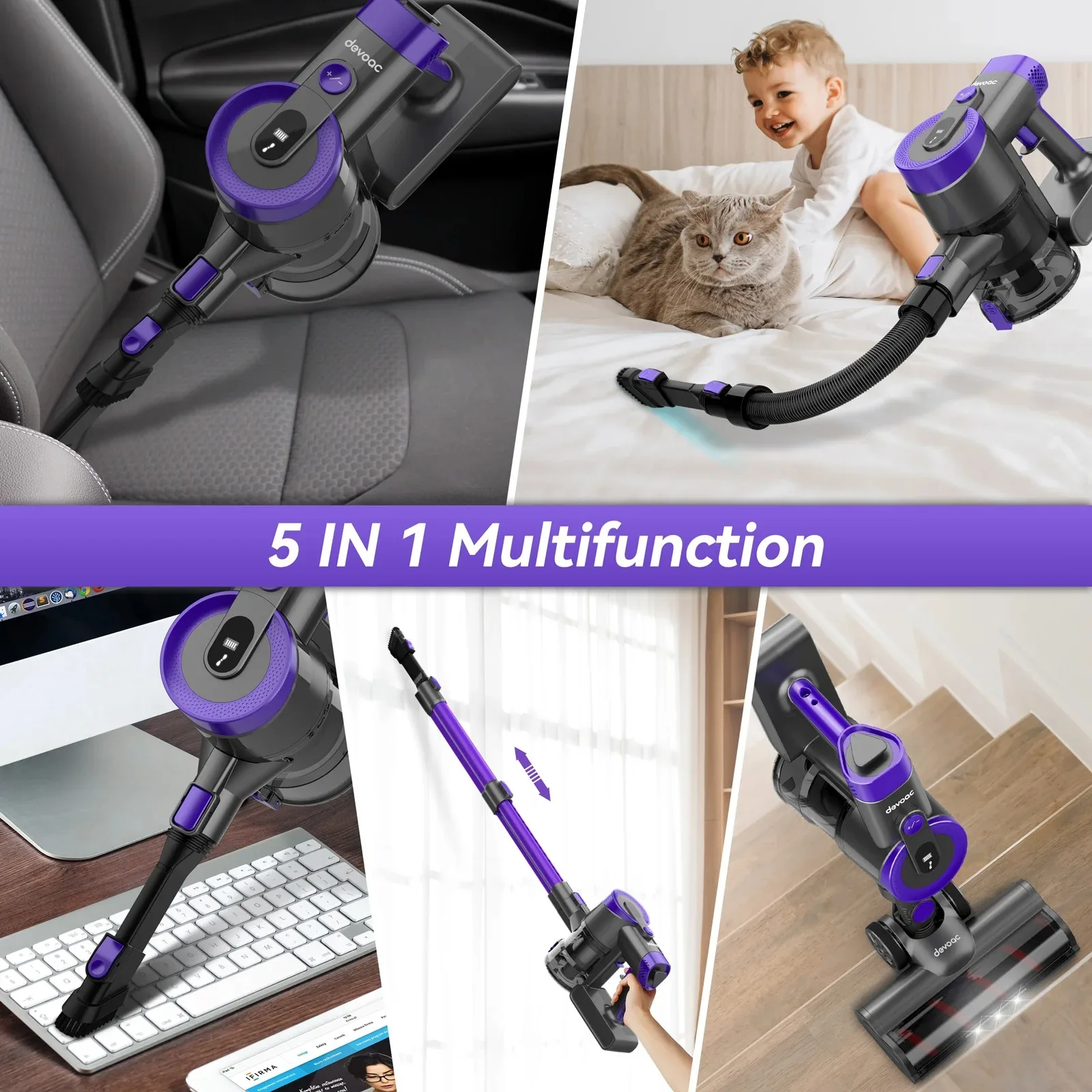 Devoac V90 Cordless Vacuum Cleaner 6 in 1 Stick Vacuum 28KPa 365W Motor Powerful Handheld Vacuum Suction for Hard Floor Carpet