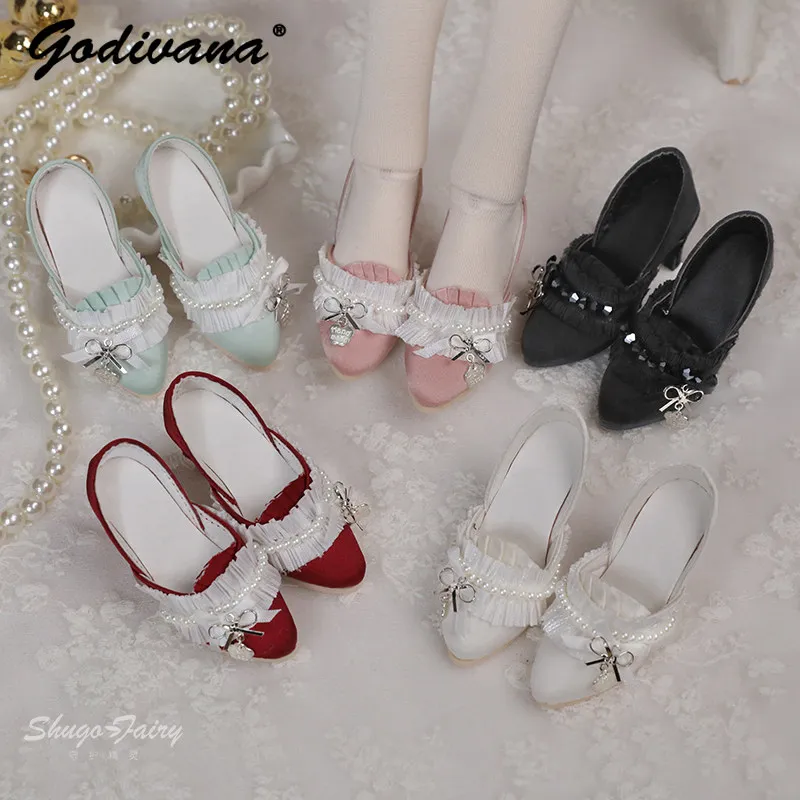 1/4 BJD Doll Shoes Exquisite Ruffled Pearl Doll High Heels Bow Decor Pointed Toe Shoes Vintage Lolita Footwear for BJD Doll