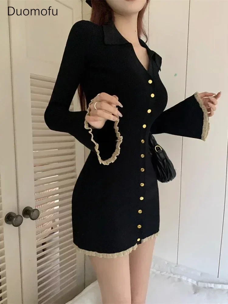 

Duomofu Coquette Black Mini Cabaret Dress Women Korean Style Y2k Sweet Ruffles Long Flare Sleeve Tunic Knitted Dresses Autumn