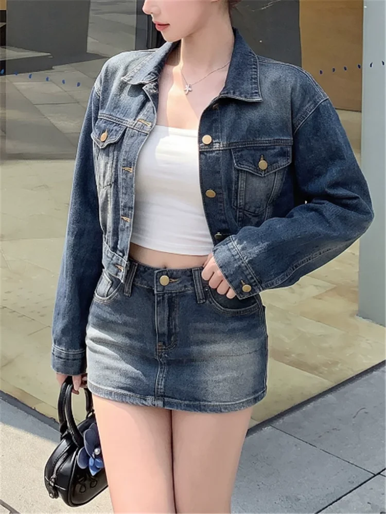Retros Chic Street Style Blue Denim 2 Pieces Sets 2026 New Fall 2pc Long Sleeve Short Jacket Coat&Super Mini Pencil Skirt Suits