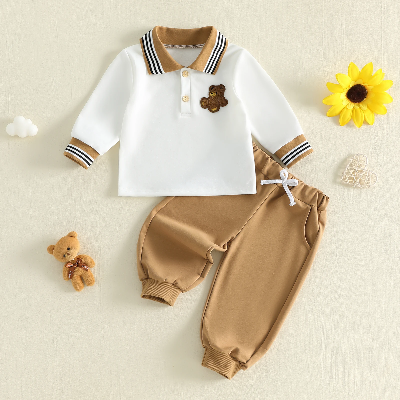 1-4Y Toddler Baby Boys Fall Winter Outfit Fashion Long Sleeve Bear Embroidery Lapel Pullover Sweatshirt Pants 2Pcs Set
