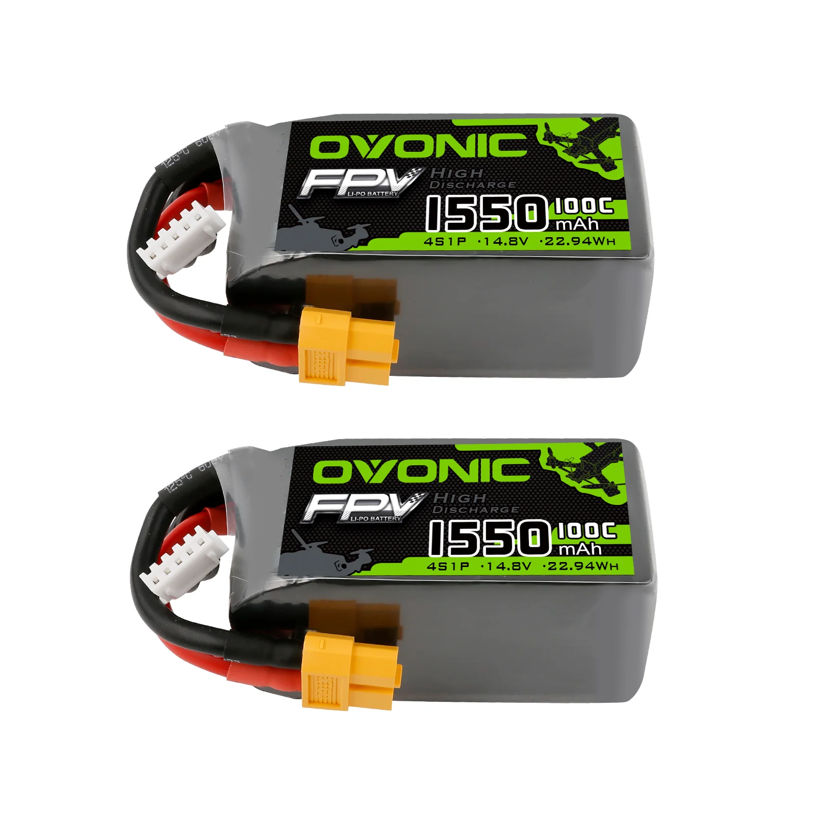 Batteria Lipo OVONIC 4s 100C 1550mAh 14.8V con Connettore XT60 per Droni da Corsa FPV RC Quadricottero, Confezione da 2