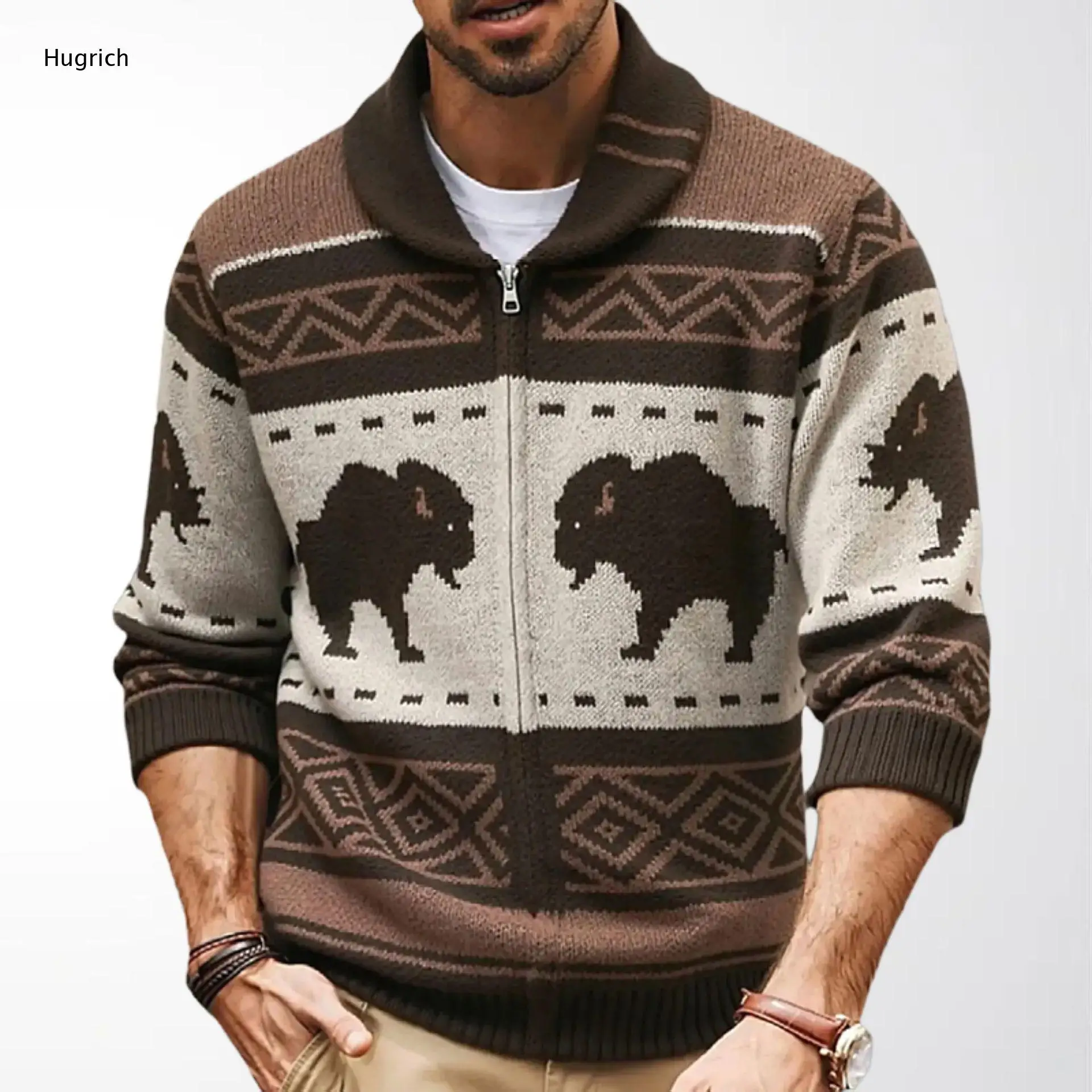 

Men's Warm Buffalo Bison Jacquard Southwest Tribal Shawl Collar Full Zip Knit Cardigan