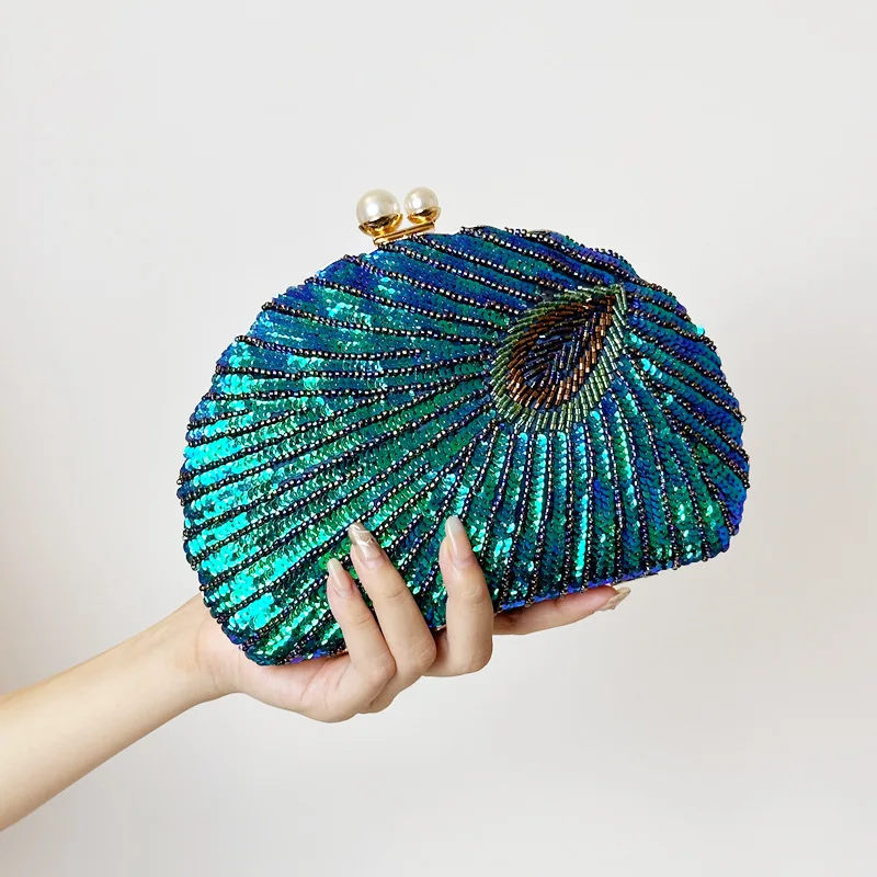

Peacock Green Clutch Bag Women Sequins Party Handbags Beading Evening Purses Shell Shape Christmas Chinese Craft Gift