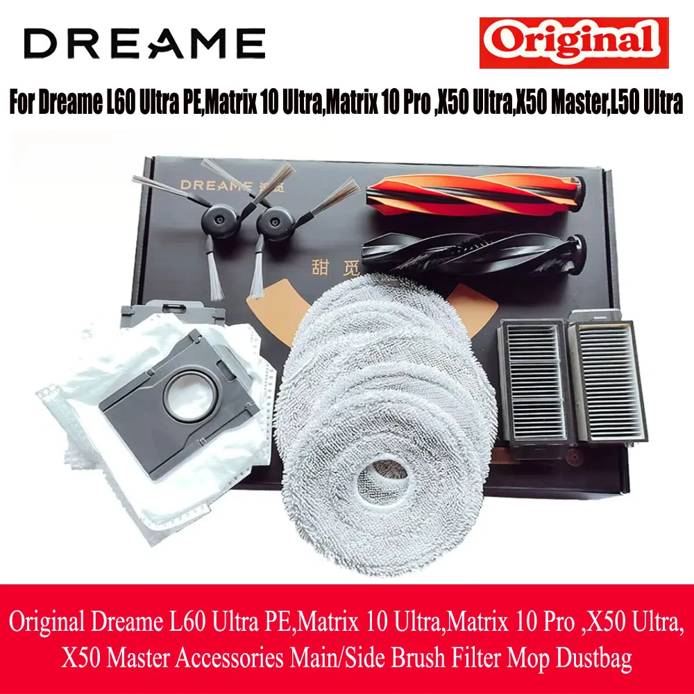 Originele Dreame L60 Ultra PE, Matrix 10 Ultra, Matrix 10 Pro, X50 Ultra, X50 Master accessoires: hoofdborstel, zijborstel, filter, dweil, stofzak.