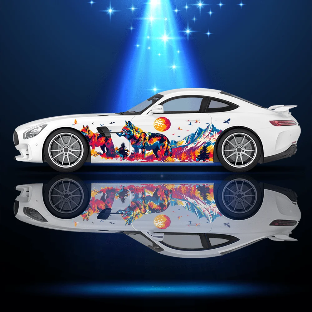 Colorful Wolf Pack Mountain Car Vinyl Wraps Decal Self-adhesive PVC Sticker Suitable for Trucks SUV Decoration Auto Accessories