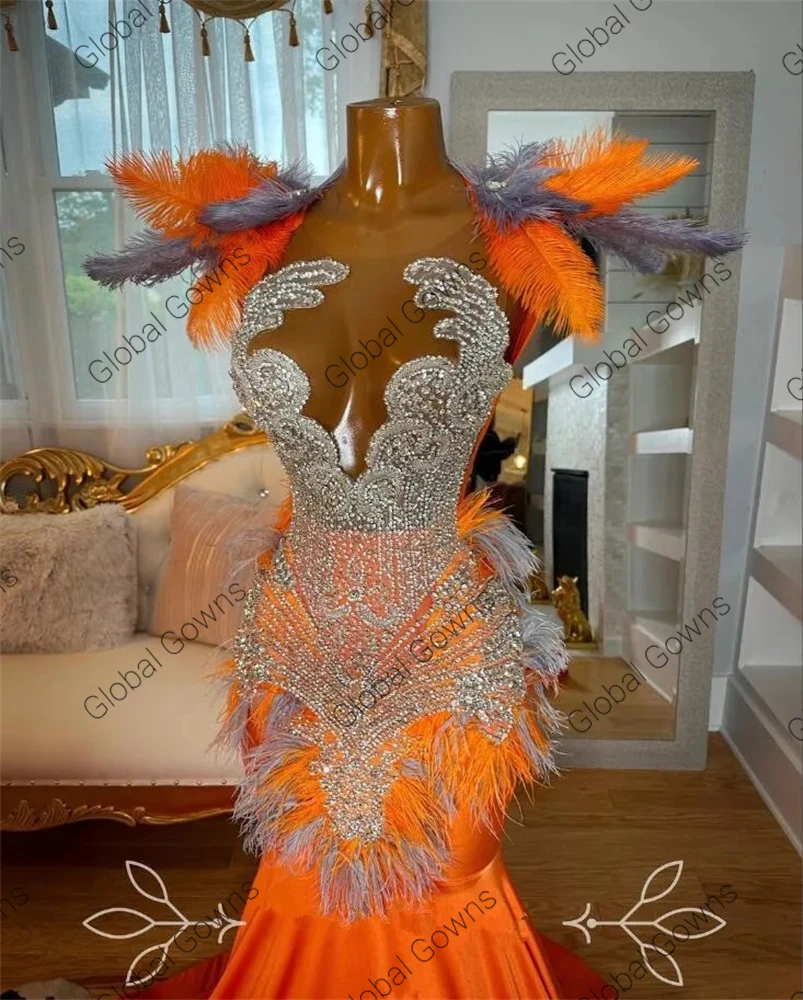 Orange Long Prom Dress For Black Girls 2024 Beaded Crystal Rhinestone Birthday Party Dresses Feathers Evening Gown Customized