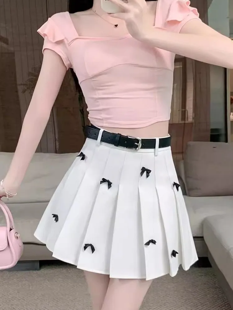 Zoete Strik Ontwerp Vrouwen Hoge Taille Geplooide Rok Mode Lente Zomer Casual Effen Kleur Preppy Stijl Dames A-Line Rokken