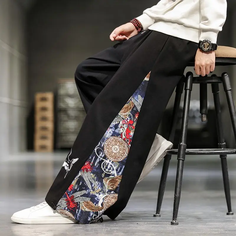 

Casual Wide Leg Pants Chinese Traditional Tang Suit for Men Ethnic Style Cotton Linen Long Kung Fu Pants Tai Chi Plus Size 5XL