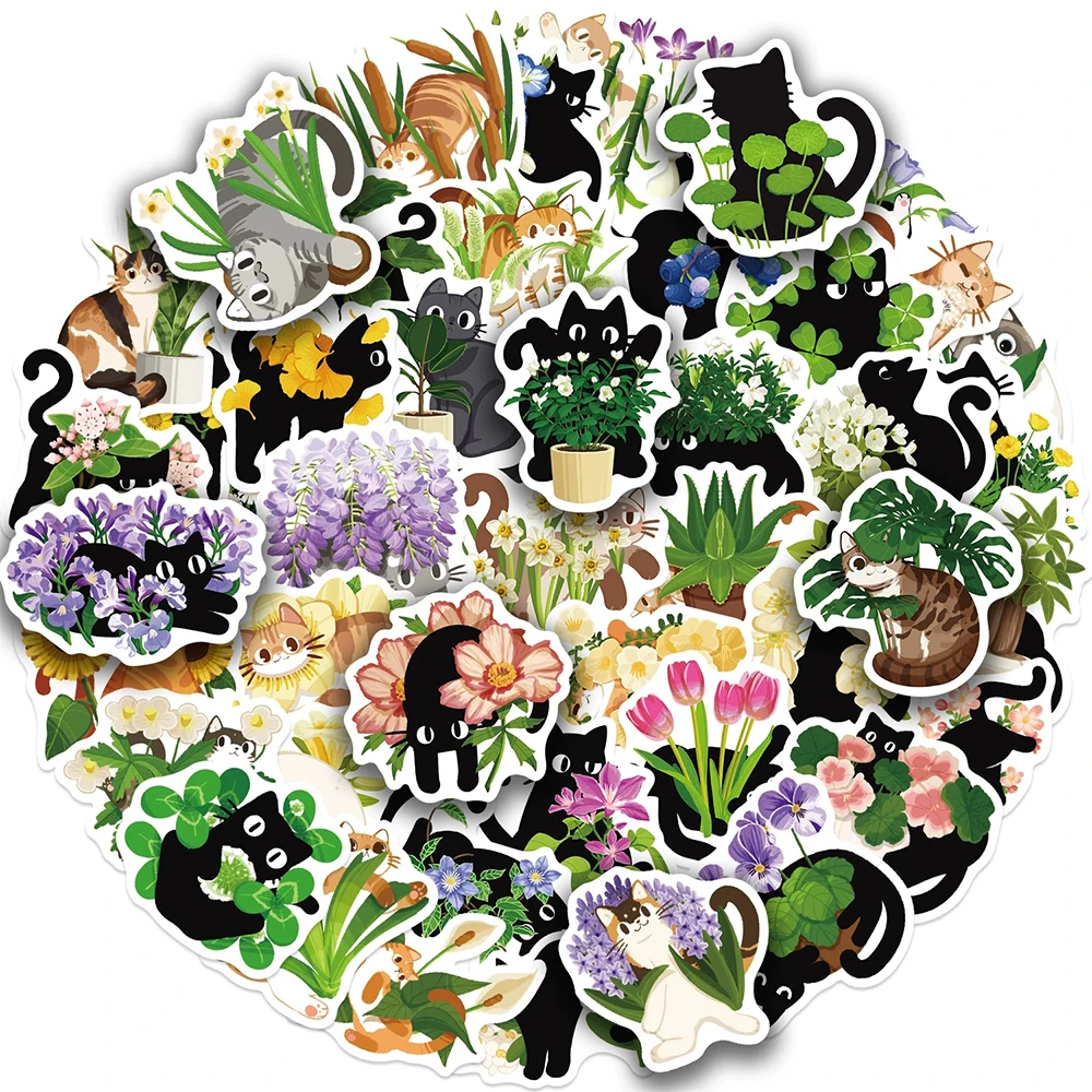 10/30/50pcs Cartoon Black Cat and Plant Graffiti Stickers Funny Creative Sticker DIY Helmet Scrapbook Phone Cute Decals Toy Gift