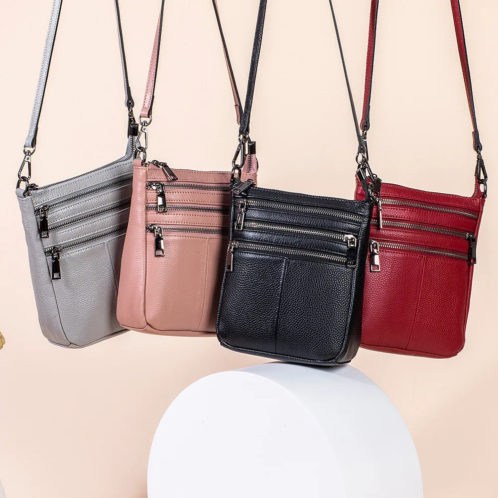 

Женская сумка через плечо из воловьей кожи, функциональная сумка-мессенджер с несколькими карманами, мягкая кожаная сумка через плечо на молнии с регулируемым ремешком