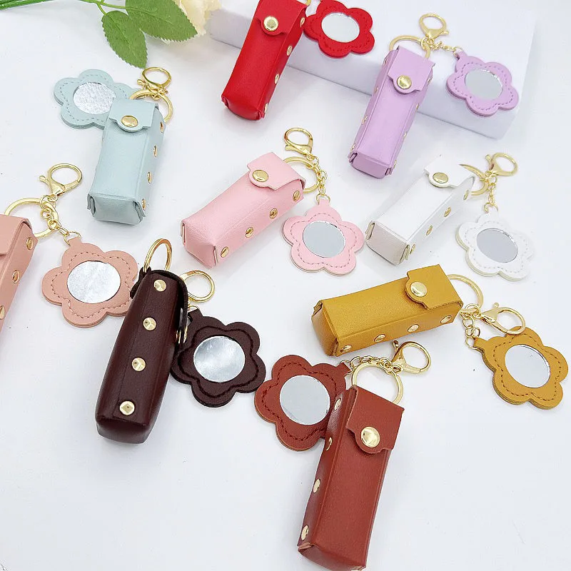 PU Leather Lipstick Protective Case Keychain Portable Makeup Bag Keychain Pendant with Mini Flower Mirror Keychain Women's Gift view 4