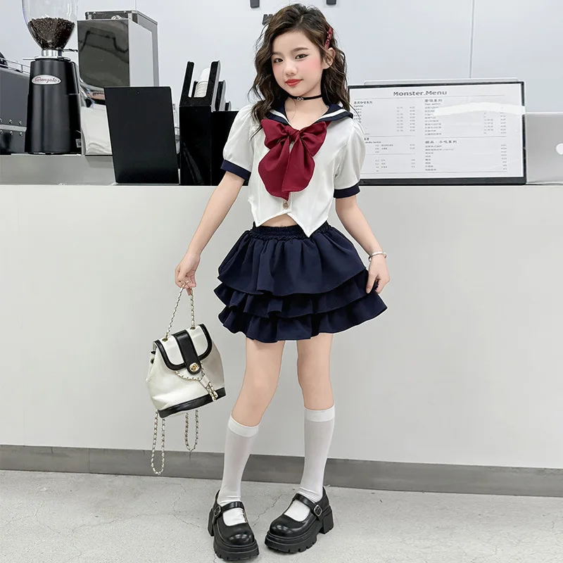 1pc 2026 Summer American Child Teenager Girls Bow Clothes Crop Top Blouse Shirt or JK Layered Skirt 4 8 10 12 Year Japan